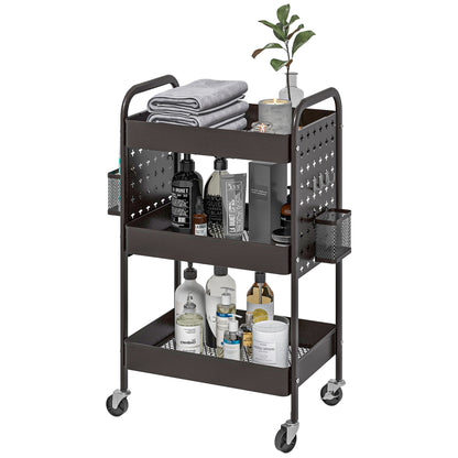 Trolley Cart, Serving Cart with 3 Shelves, 2 Hanging Baskets, Storage Cart with Handle, Kitchen Cart, Side Cart for Kitchen, Living Room, Steel, Black