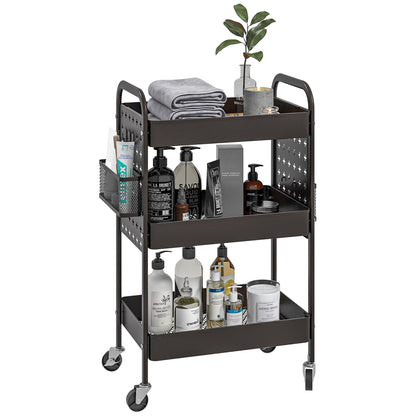 Trolley Cart, Serving Cart with 3 Shelves, 2 Hanging Baskets, Storage Cart with Handle, Kitchen Cart, Side Cart for Kitchen, Living Room, Steel, Black