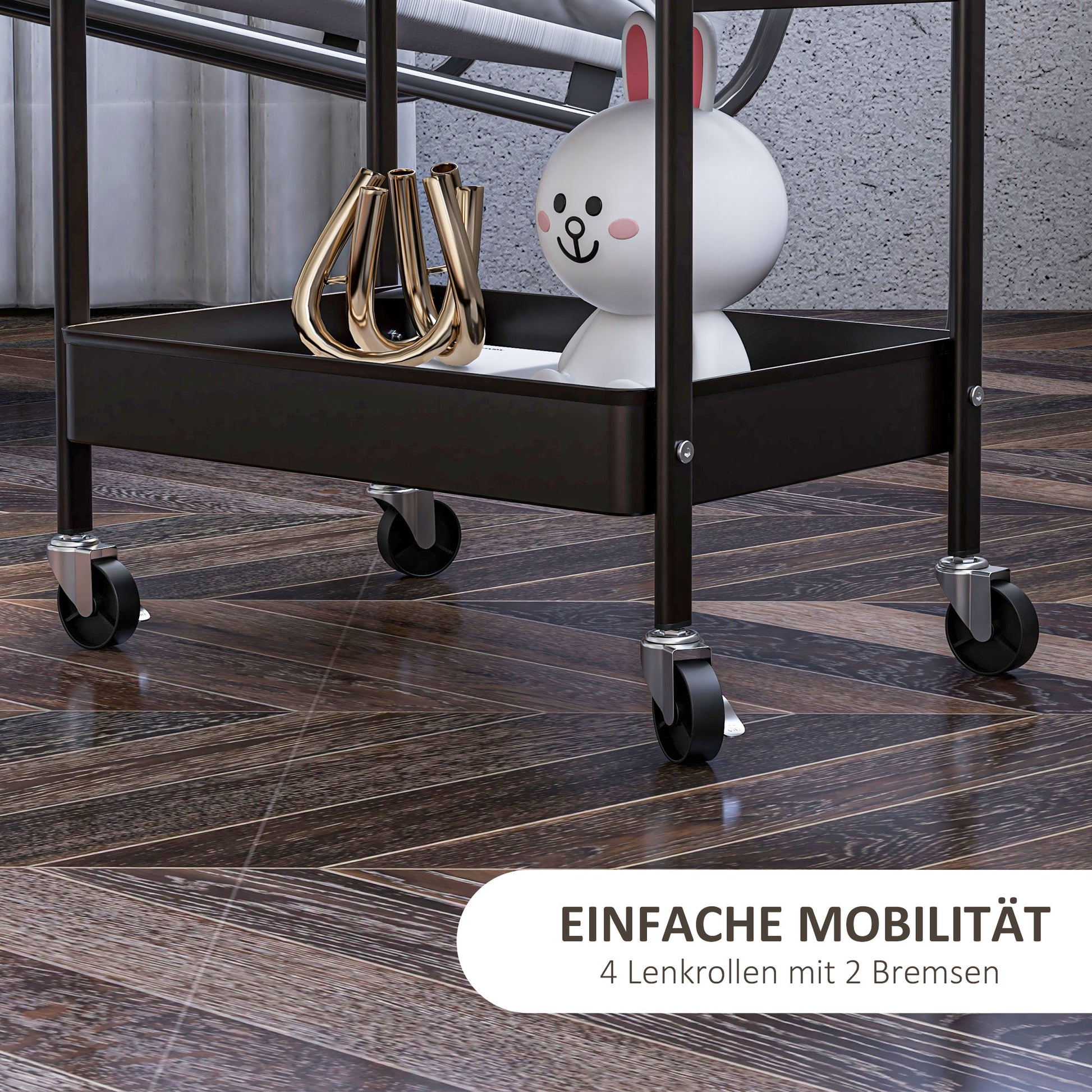 Trolley Cart, Serving Cart with 3 Shelves, 2 Hanging Baskets, Storage Cart with Handle, Kitchen Cart, Side Cart for Kitchen, Living Room, Steel, Black