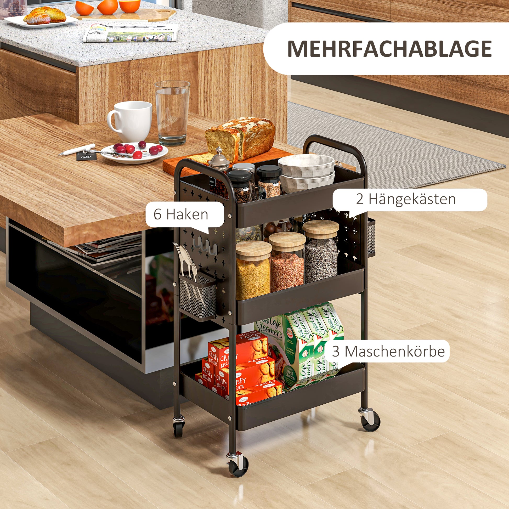 Trolley Cart, Serving Cart with 3 Shelves, 2 Hanging Baskets, Storage Cart with Handle, Kitchen Cart, Side Cart for Kitchen, Living Room, Steel, Black