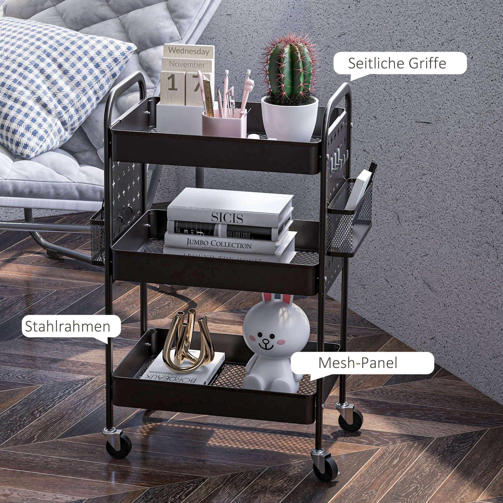 Trolley Cart, Serving Cart with 3 Shelves, 2 Hanging Baskets, Storage Cart with Handle, Kitchen Cart, Side Cart for Kitchen, Living Room, Steel, Black