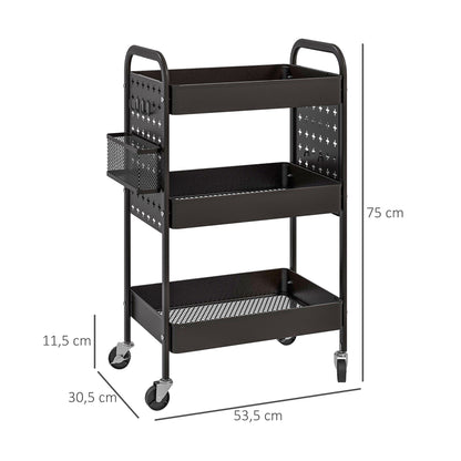 Trolley Cart, Serving Cart with 3 Shelves, 2 Hanging Baskets, Storage Cart with Handle, Kitchen Cart, Side Cart for Kitchen, Living Room, Steel, Black