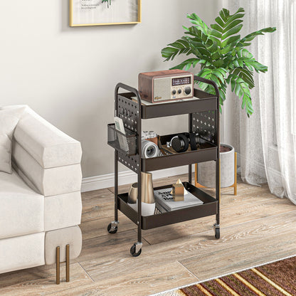 Trolley Cart, Serving Cart with 3 Shelves, 2 Hanging Baskets, Storage Cart with Handle, Kitchen Cart, Side Cart for Kitchen, Living Room, Steel, Black