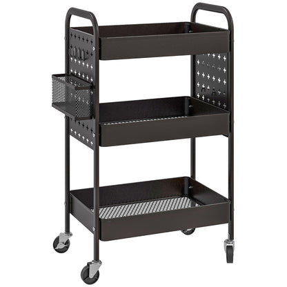 Trolley Cart, Serving Cart with 3 Shelves, 2 Hanging Baskets, Storage Cart with Handle, Kitchen Cart, Side Cart for Kitchen, Living Room, Steel, Black