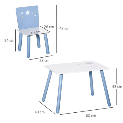 Children's Table and 2 Chairs Set Wooden Table with Chairs for Kids 2-4 Years Table 60x40x43 cm and Chairs 28x26x48 cm for Bedroom Living Room White and Blue
