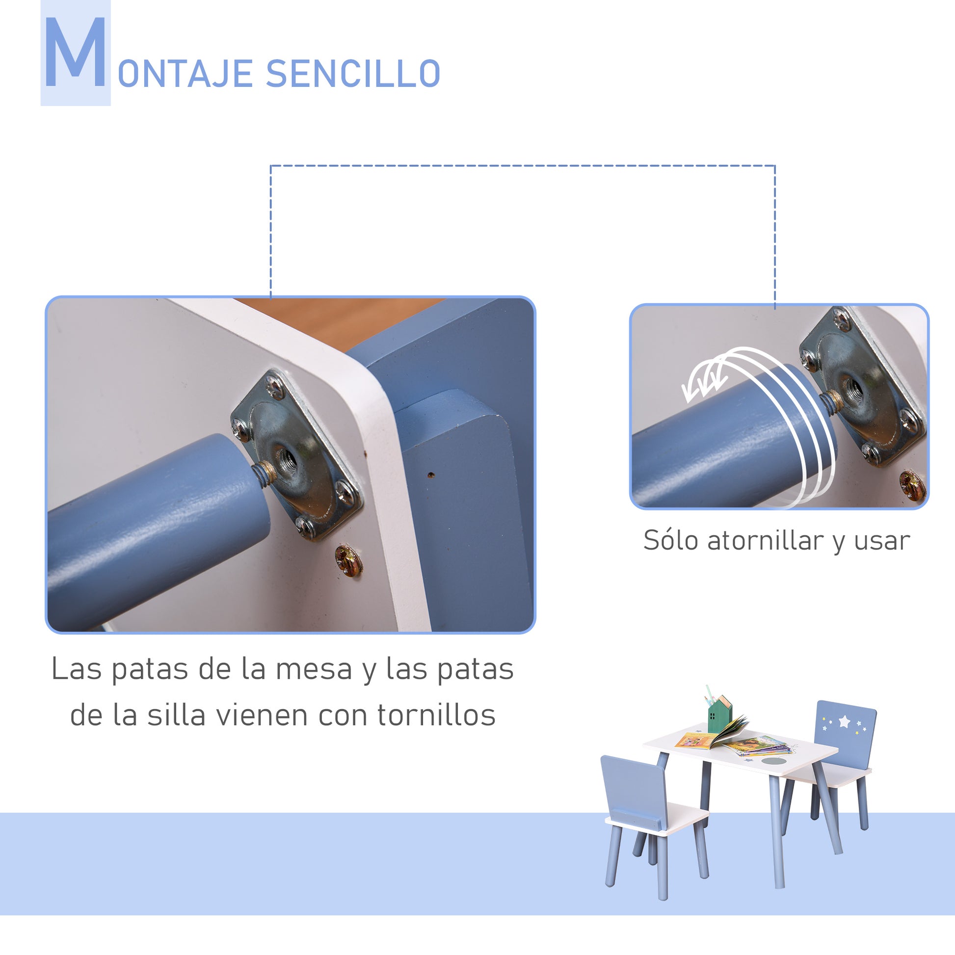 Children's Table and 2 Chairs Set Wooden Table with Chairs for Kids 2-4 Years Table 60x40x43 cm and Chairs 28x26x48 cm for Bedroom Living Room White and Blue