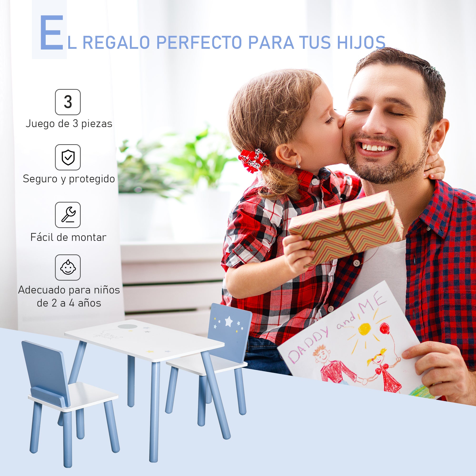 Children's Table and 2 Chairs Set Wooden Table with Chairs for Kids 2-4 Years Table 60x40x43 cm and Chairs 28x26x48 cm for Bedroom Living Room White and Blue