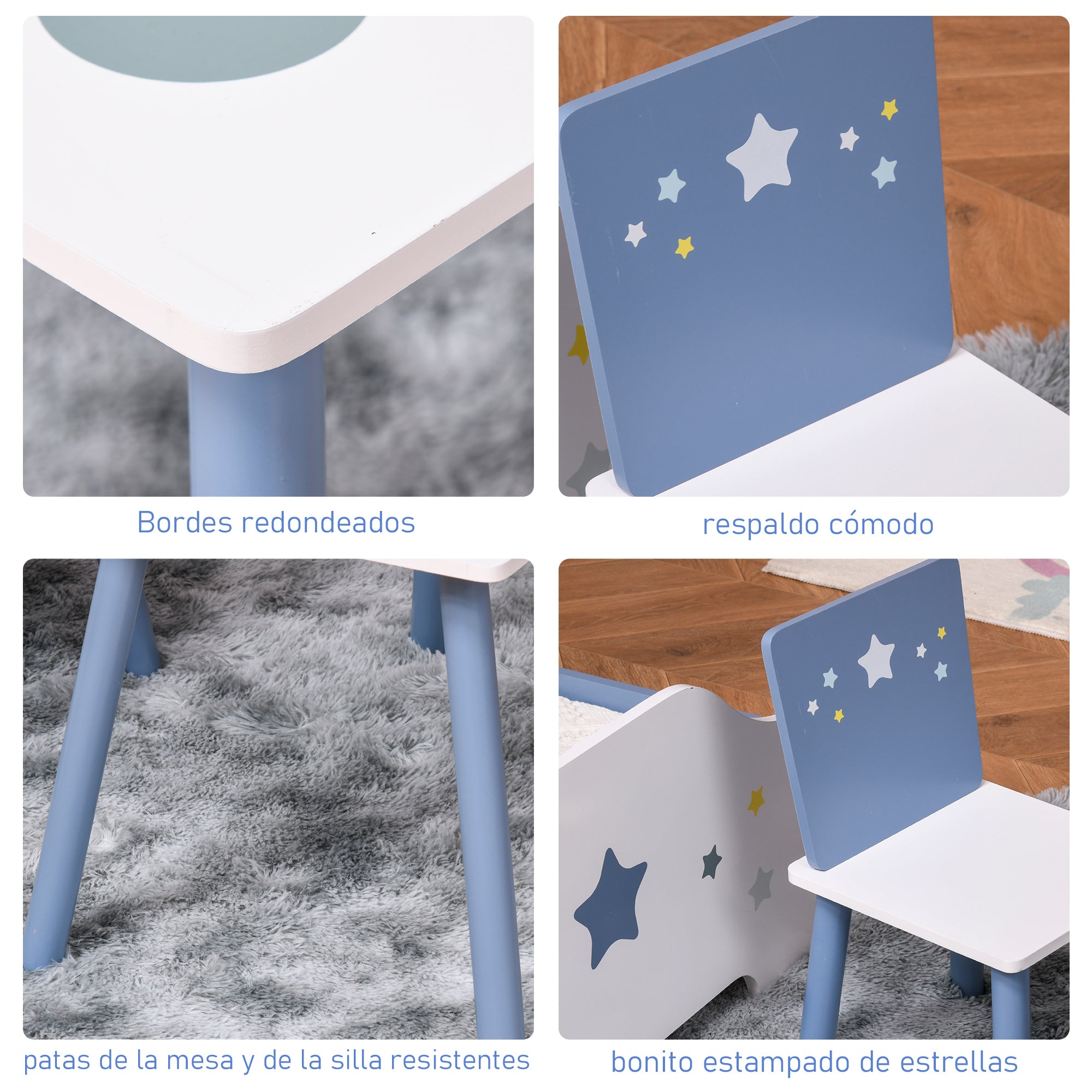 Children's Table and 2 Chairs Set Wooden Table with Chairs for Kids 2-4 Years Table 60x40x43 cm and Chairs 28x26x48 cm for Bedroom Living Room White and Blue