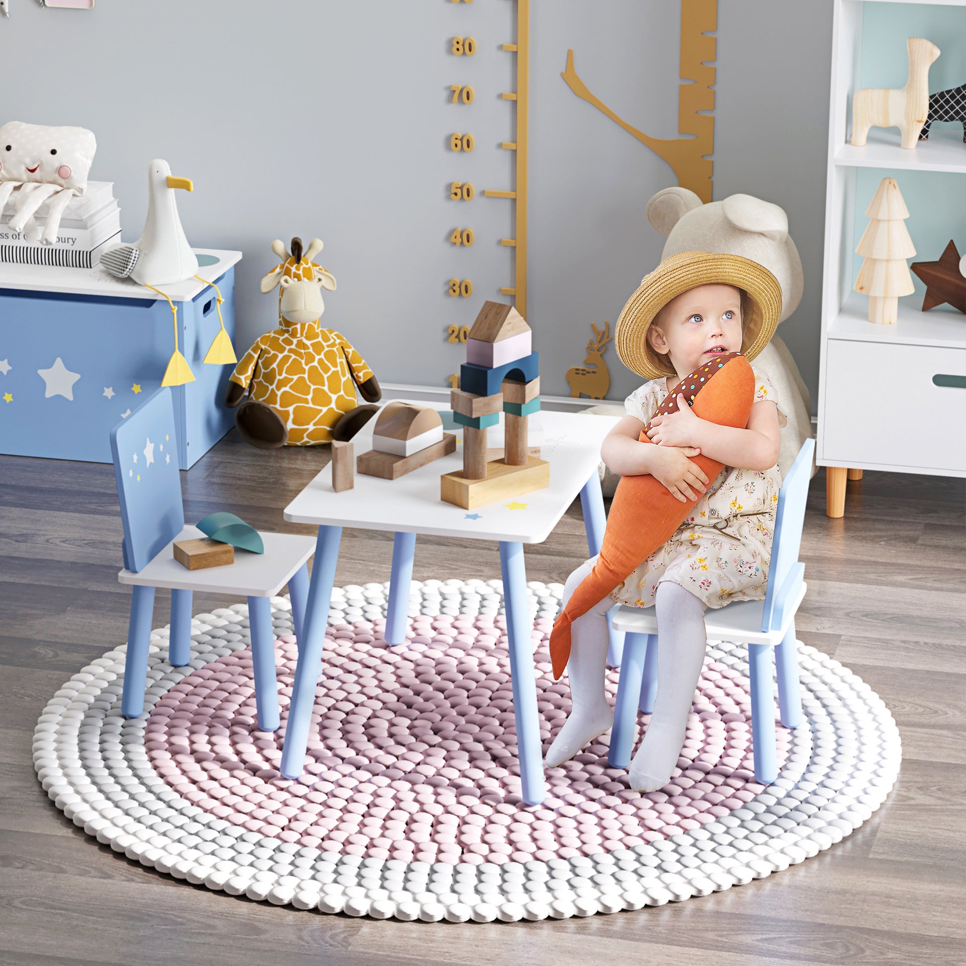 Children's Table and 2 Chairs Set Wooden Table with Chairs for Kids 2-4 Years Table 60x40x43 cm and Chairs 28x26x48 cm for Bedroom Living Room White and Blue