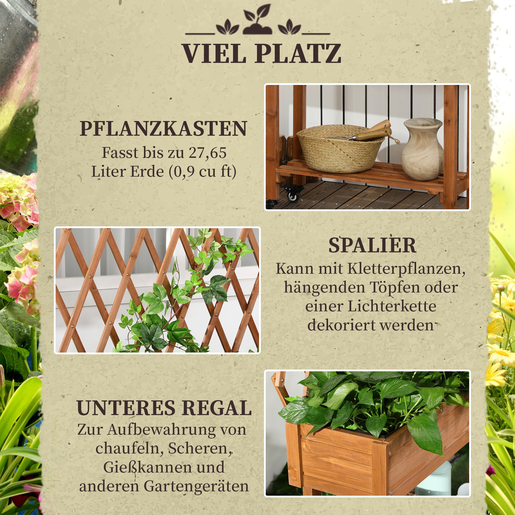 Raised Garden Bed with Trellis, Flower Box with Shelf, Plant Pot with Wheels, Planter Box for Terrace, Balcony, Solid Wood, Brown, 79 x 29 x 130 cm