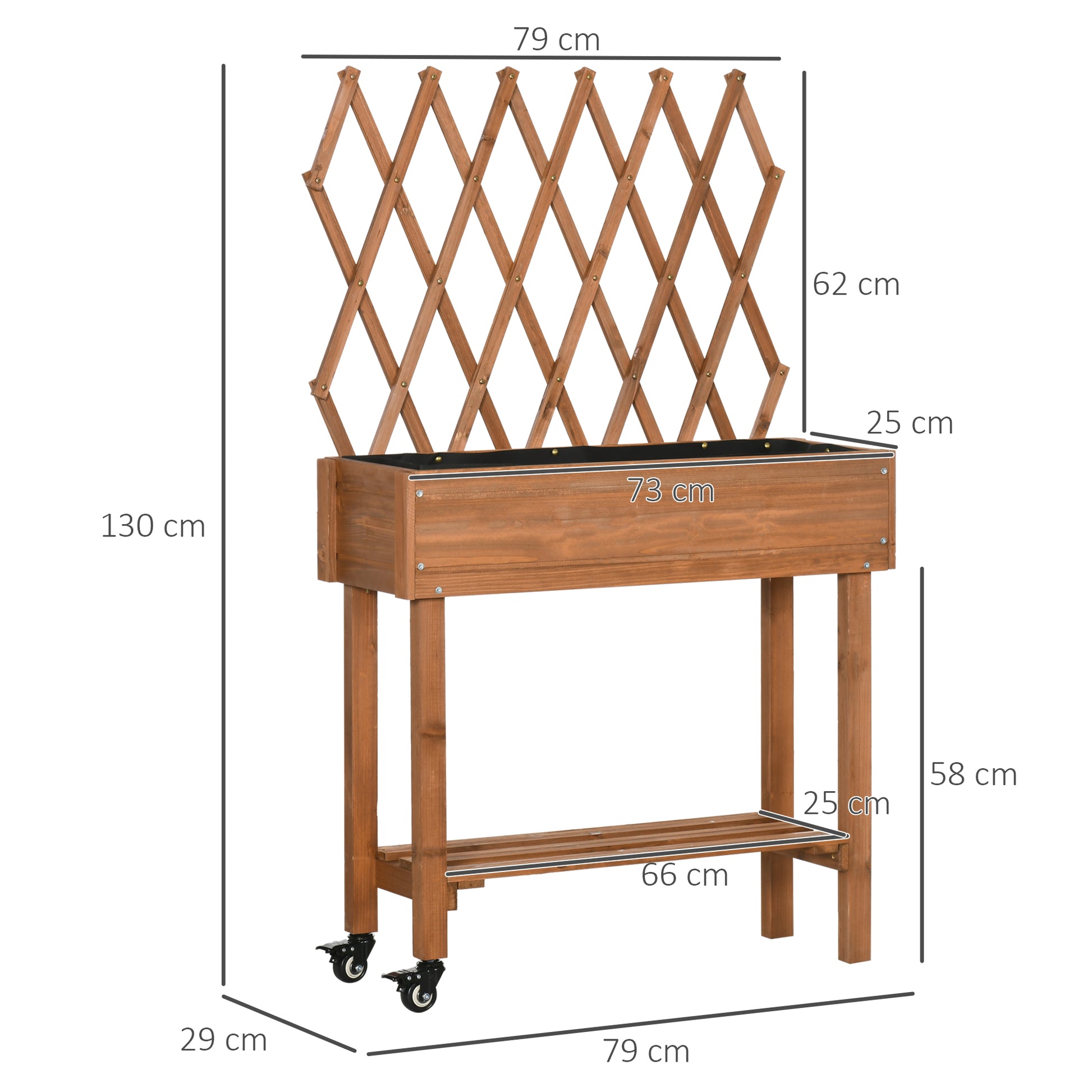 Raised Garden Bed with Trellis, Flower Box with Shelf, Plant Pot with Wheels, Planter Box for Terrace, Balcony, Solid Wood, Brown, 79 x 29 x 130 cm
