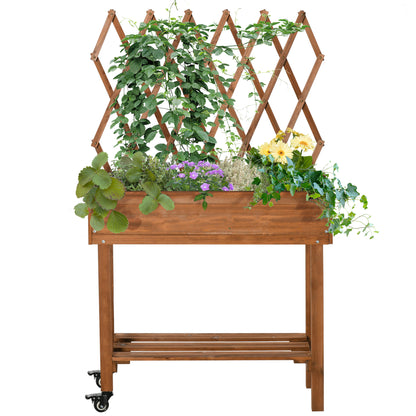 Raised Garden Bed with Trellis, Flower Box with Shelf, Plant Pot with Wheels, Planter Box for Terrace, Balcony, Solid Wood, Brown, 79 x 29 x 130 cm