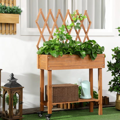 Raised Garden Bed with Trellis, Flower Box with Shelf, Plant Pot with Wheels, Planter Box for Terrace, Balcony, Solid Wood, Brown, 79 x 29 x 130 cm