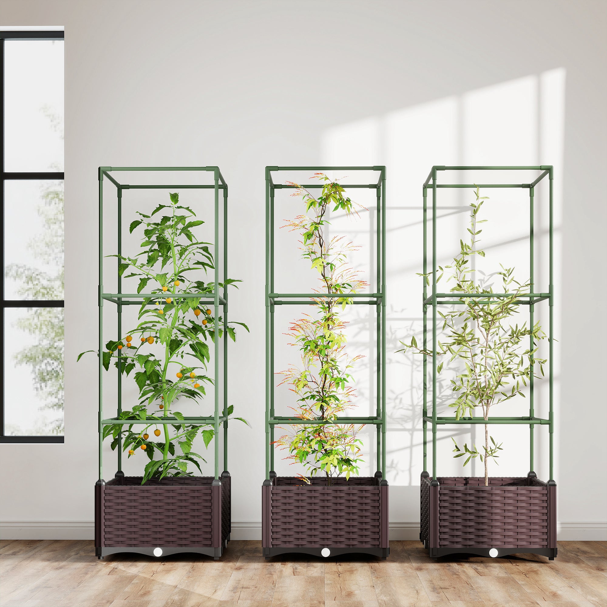 Raised Bed with Trellis — 3-Piece Planter Set for Flowers, Climbing Plants & Vegetables, Drainage Holes, Green/Dark Brown, 40 x 40 x 125 cm (15.7 x 15.7 x 49.2 in)