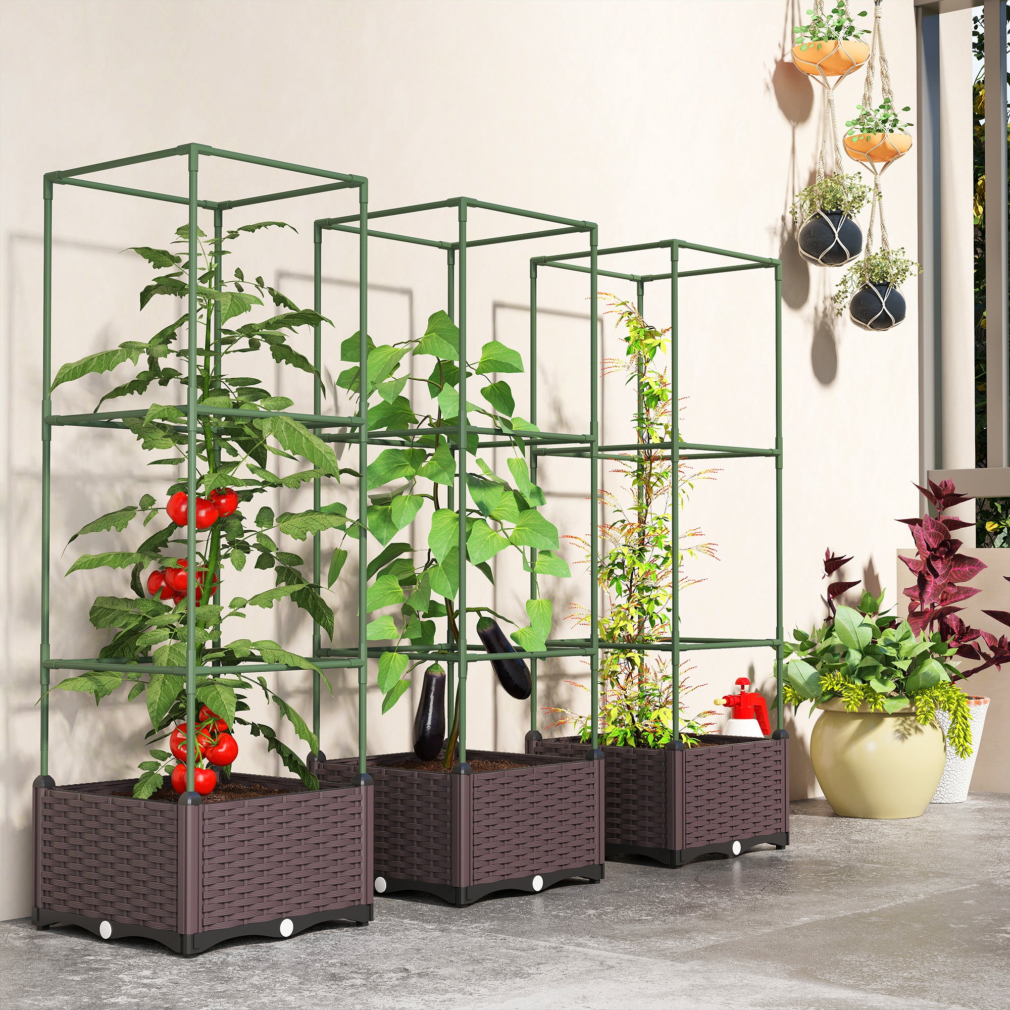 Raised Bed with Trellis — 3-Piece Planter Set for Flowers, Climbing Plants & Vegetables, Drainage Holes, Green/Dark Brown, 40 x 40 x 125 cm (15.7 x 15.7 x 49.2 in)