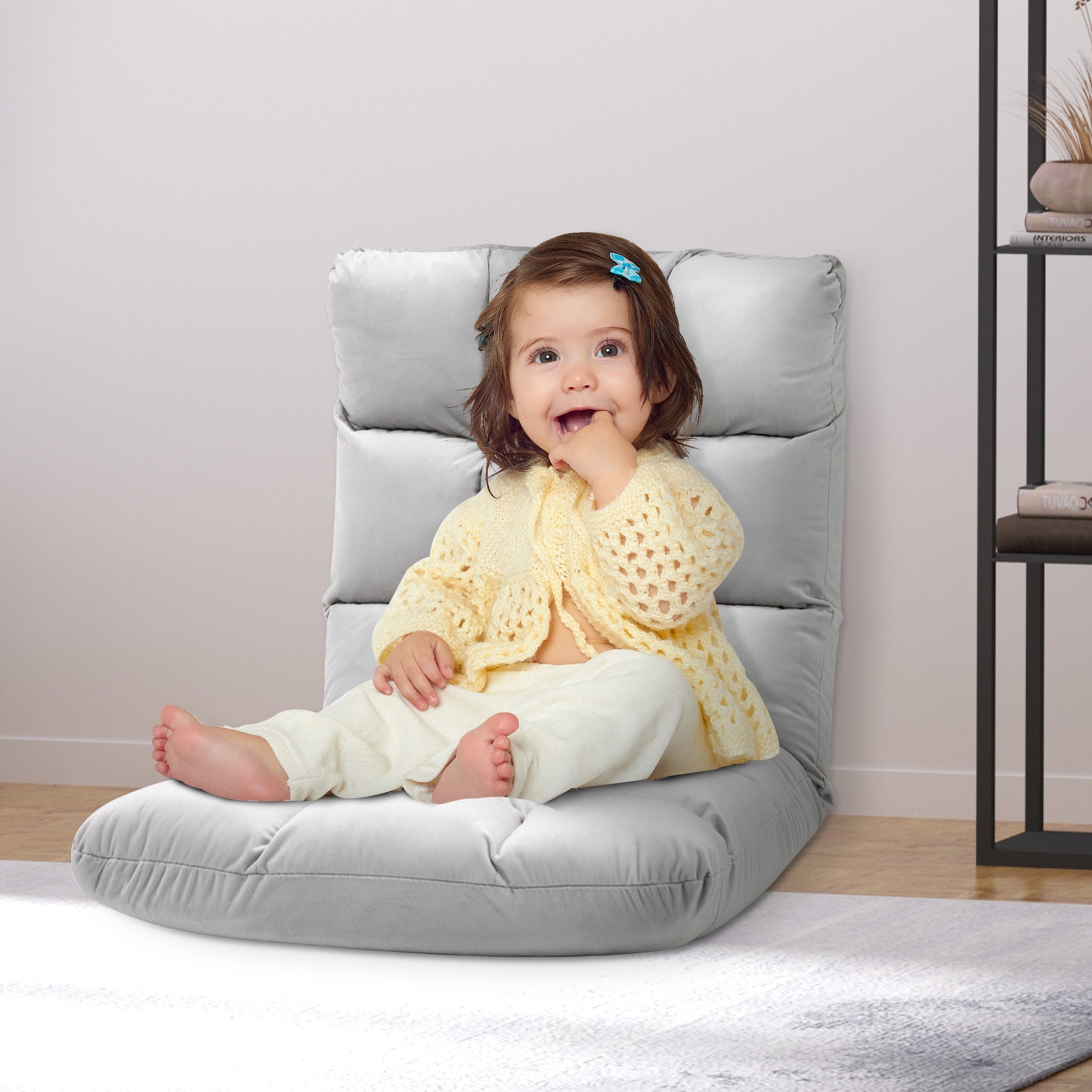 Floor Chair 3-in-1 Foldable Floor Seat with Backrest 13 Adjustable Positions Folding Recliner Seat Cushion Gray Metal Foam 55 x 71 x 53.5 cm