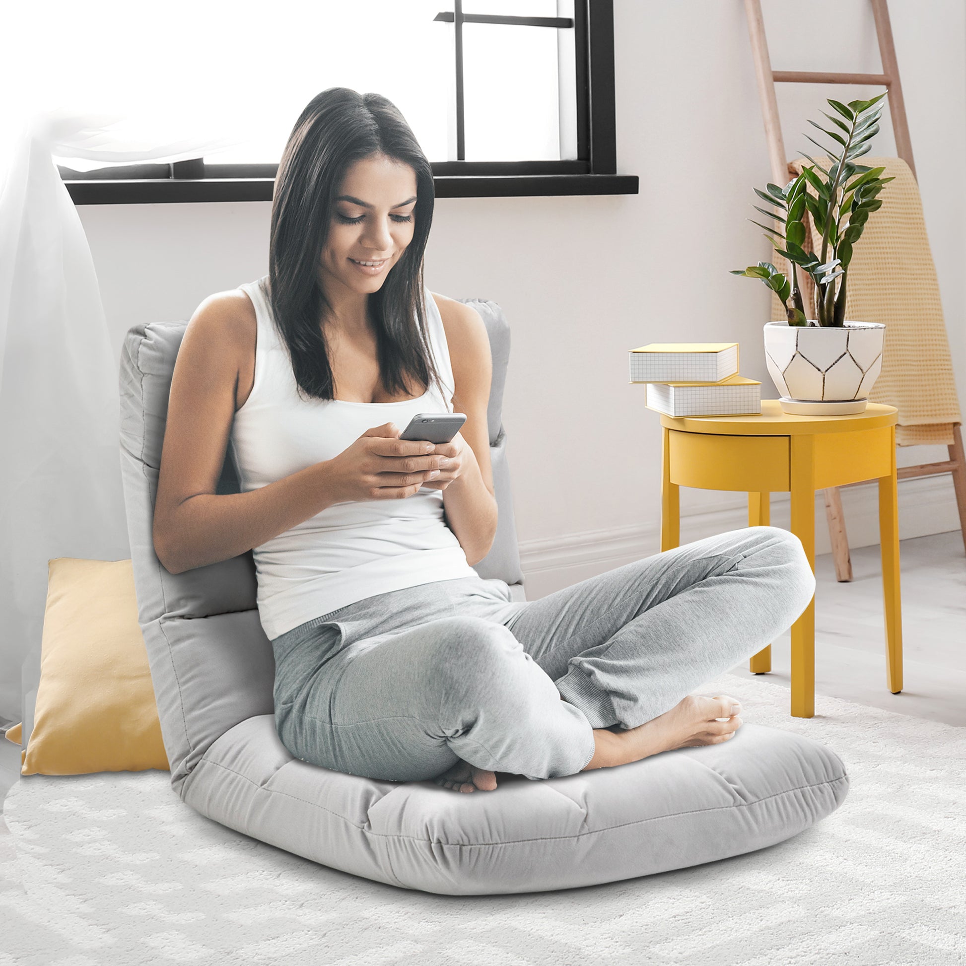 Floor Chair 3-in-1 Foldable Floor Seat with Backrest 13 Adjustable Positions Folding Recliner Seat Cushion Gray Metal Foam 55 x 71 x 53.5 cm