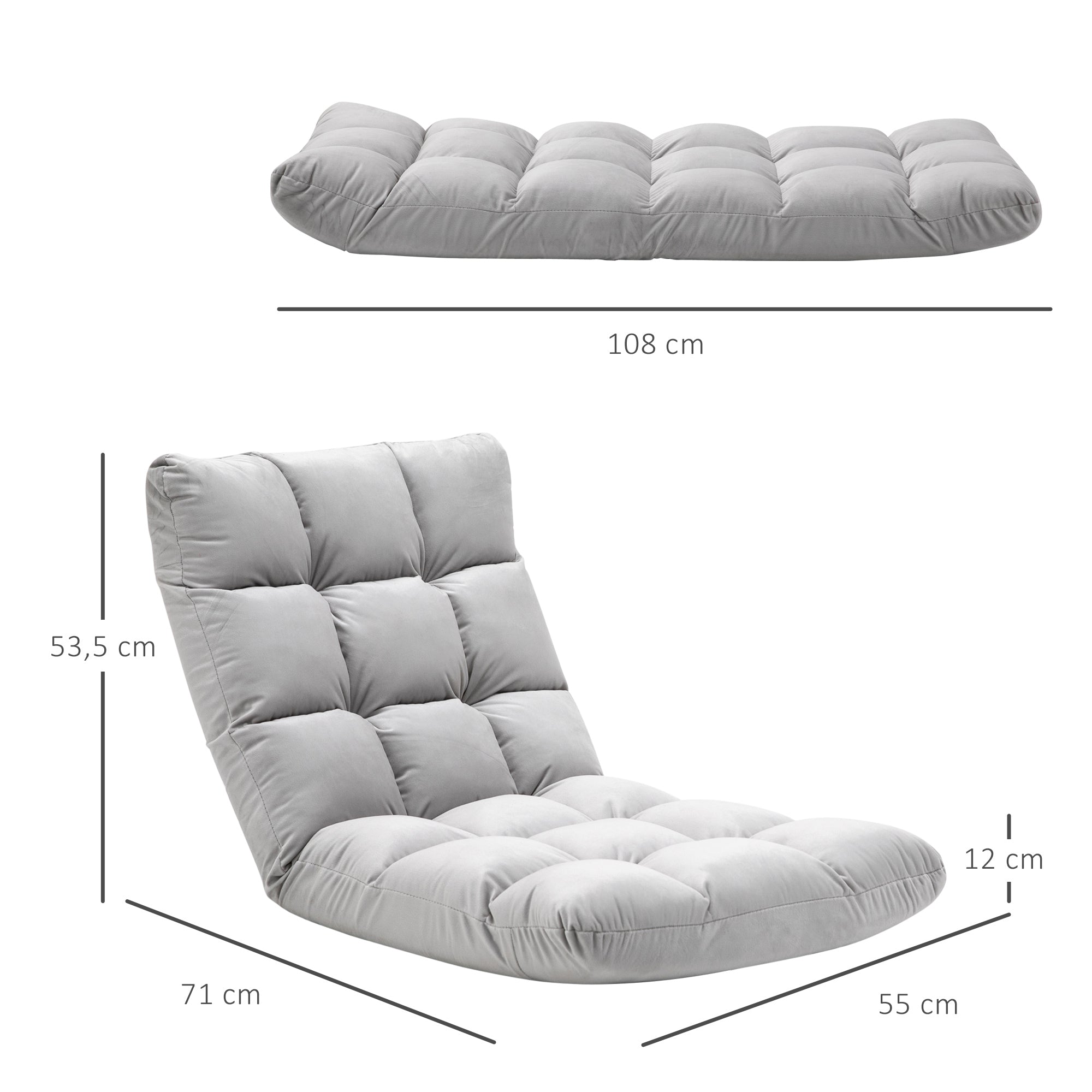 Floor Chair 3-in-1 Foldable Floor Seat with Backrest 13 Adjustable Positions Folding Recliner Seat Cushion Gray Metal Foam 55 x 71 x 53.5 cm