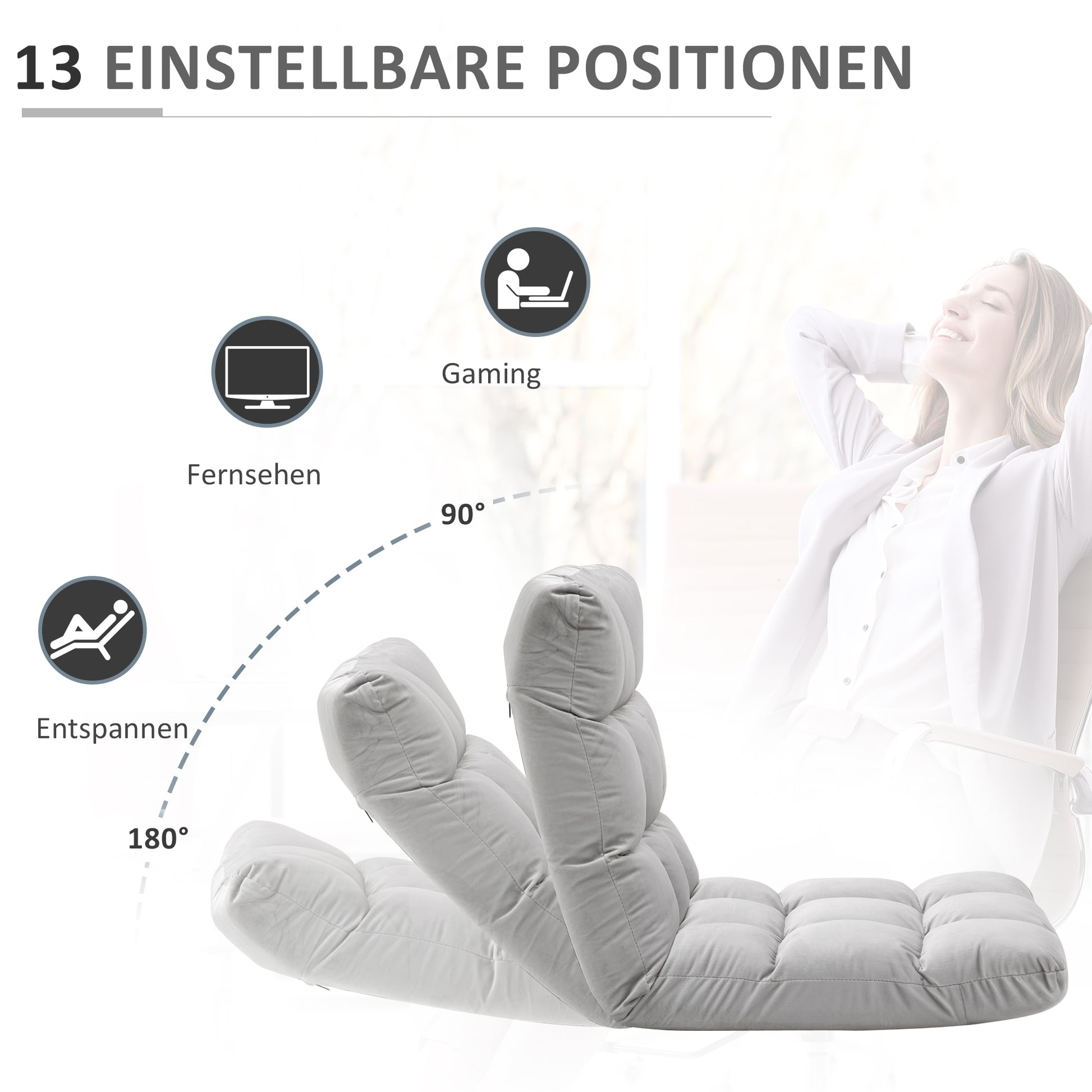 Floor Chair 3-in-1 Foldable Floor Seat with Backrest 13 Adjustable Positions Folding Recliner Seat Cushion Gray Metal Foam 55 x 71 x 53.5 cm