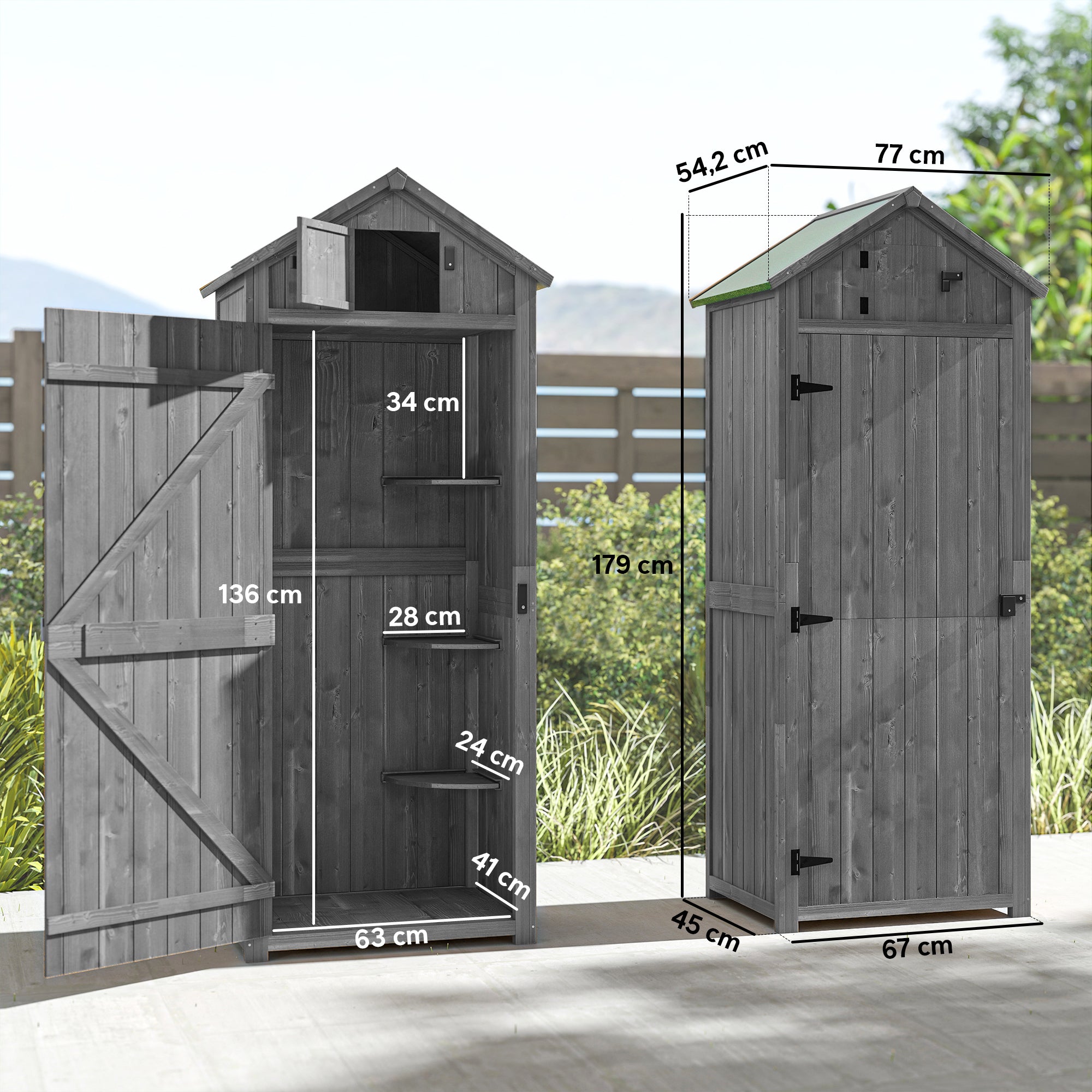 Garden Shed Wood, Weatherproof Tool Shed 77x54.2x179cm, Tool House with Door, Gable Roof, Tool Cabinet with Shelves, Tool Shed for Garden, Terrace, Gray+Green