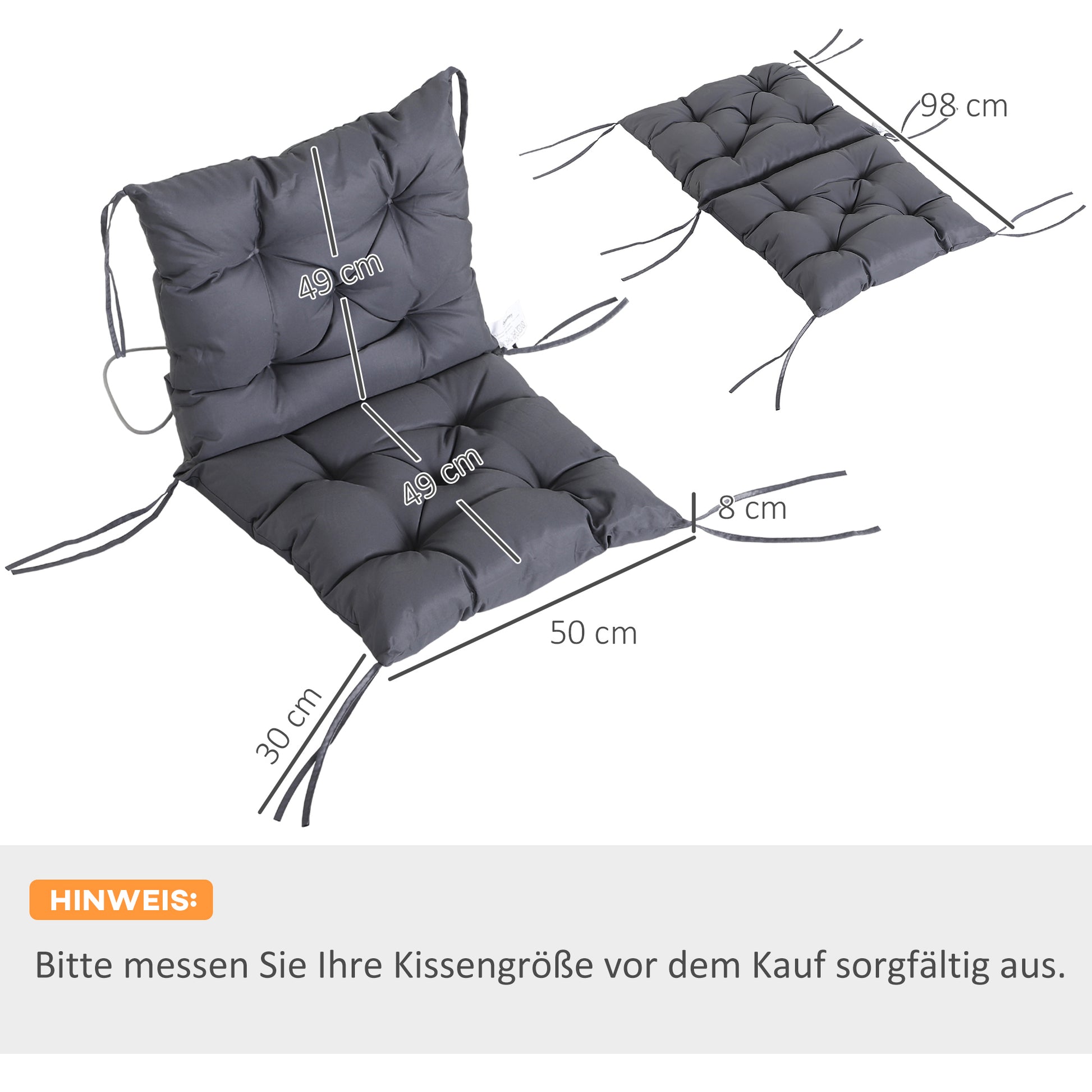 Set of 2 Seat Cushions, 98cm x 50cm x 8cm Chair Pads with Straps, Cushion, Washable/Ergonomic Seat Pads for Home, Garden, Sofa, Gray