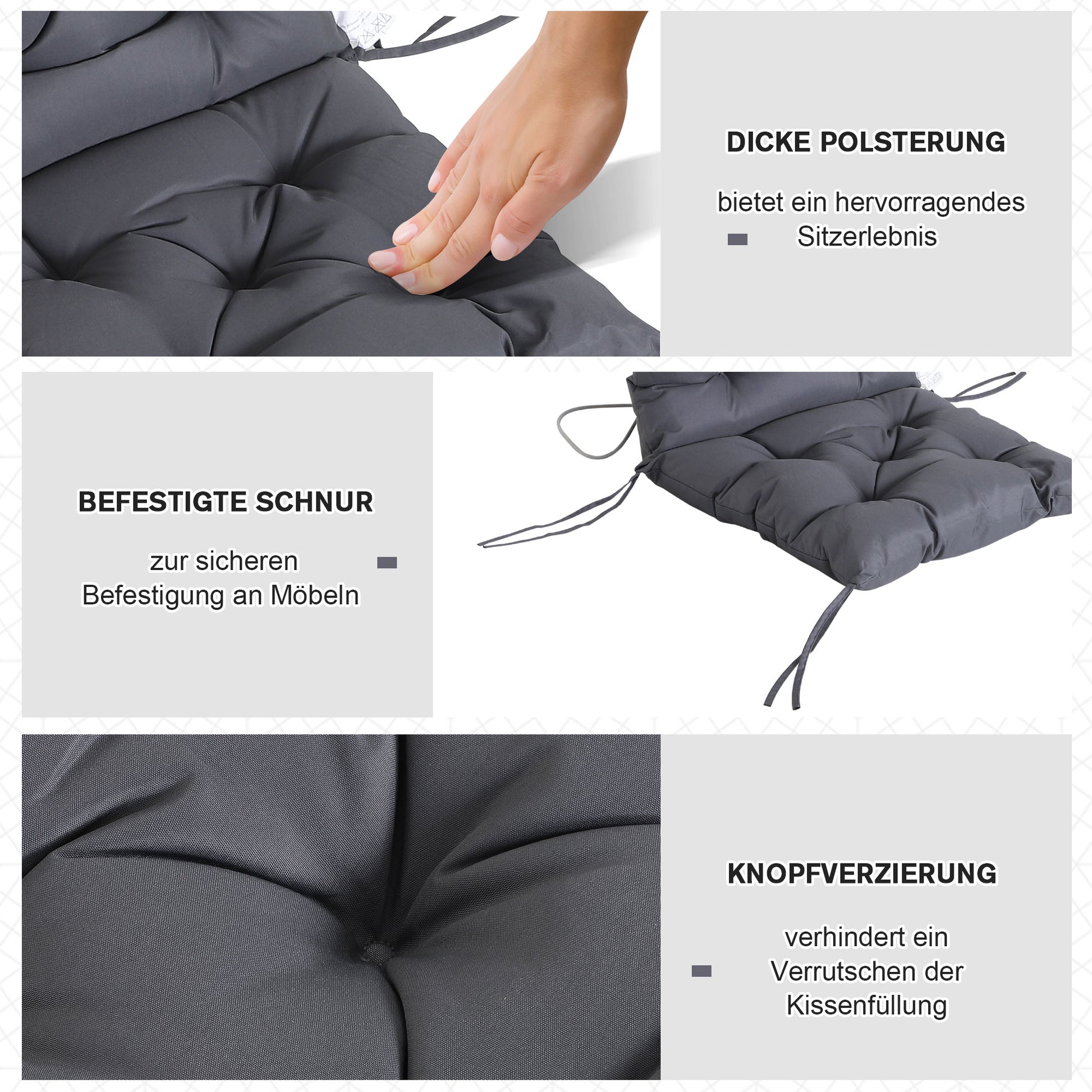 Set of 2 Seat Cushions, 98cm x 50cm x 8cm Chair Pads with Straps, Cushion, Washable/Ergonomic Seat Pads for Home, Garden, Sofa, Gray