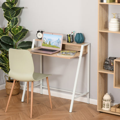 Desk, Computer Desk with Shelf and Cable Management, Modern Desk with Metal Frame for Study, Bedroom, Home Office, 84 x 45 x 85 cm, White+Oak