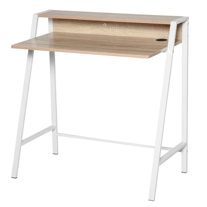 Desk, Computer Desk with Shelf and Cable Management, Modern Desk with Metal Frame for Study, Bedroom, Home Office, 84 x 45 x 85 cm, White+Oak