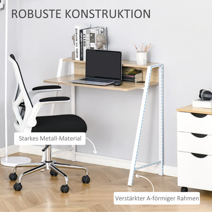 Desk, Computer Desk with Shelf and Cable Management, Modern Desk with Metal Frame for Study, Bedroom, Home Office, 84 x 45 x 85 cm, White+Oak