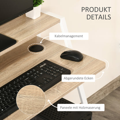 Desk, Computer Desk with Shelf and Cable Management, Modern Desk with Metal Frame for Study, Bedroom, Home Office, 84 x 45 x 85 cm, White+Oak