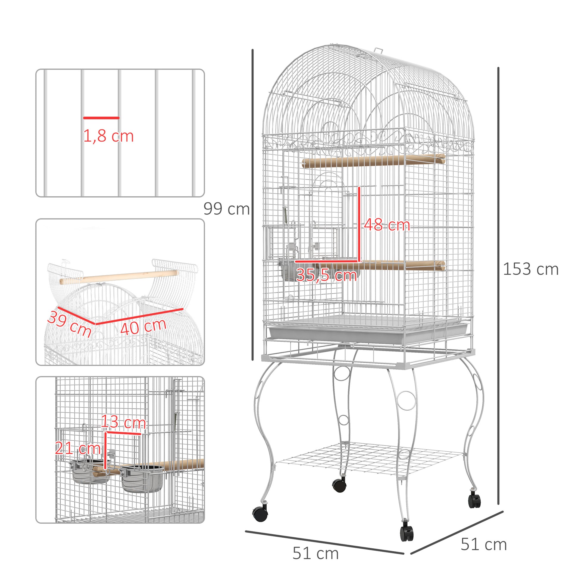 Bird Cage with Wheels Outdoor Bird Aviary Cage with Removable Tray Grid 2 Stainless Steel Bowls Shelf and Perch for Parakeets 51x51x153 cm White