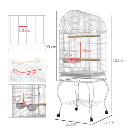 Bird Cage with Wheels Outdoor Bird Aviary Cage with Removable Tray Grid 2 Stainless Steel Bowls Shelf and Perch for Parakeets 51x51x153 cm White