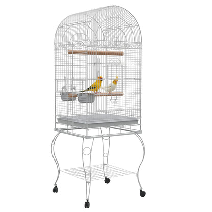 Bird Cage with Wheels Outdoor Bird Aviary Cage with Removable Tray Grid 2 Stainless Steel Bowls Shelf and Perch for Parakeets 51x51x153 cm White