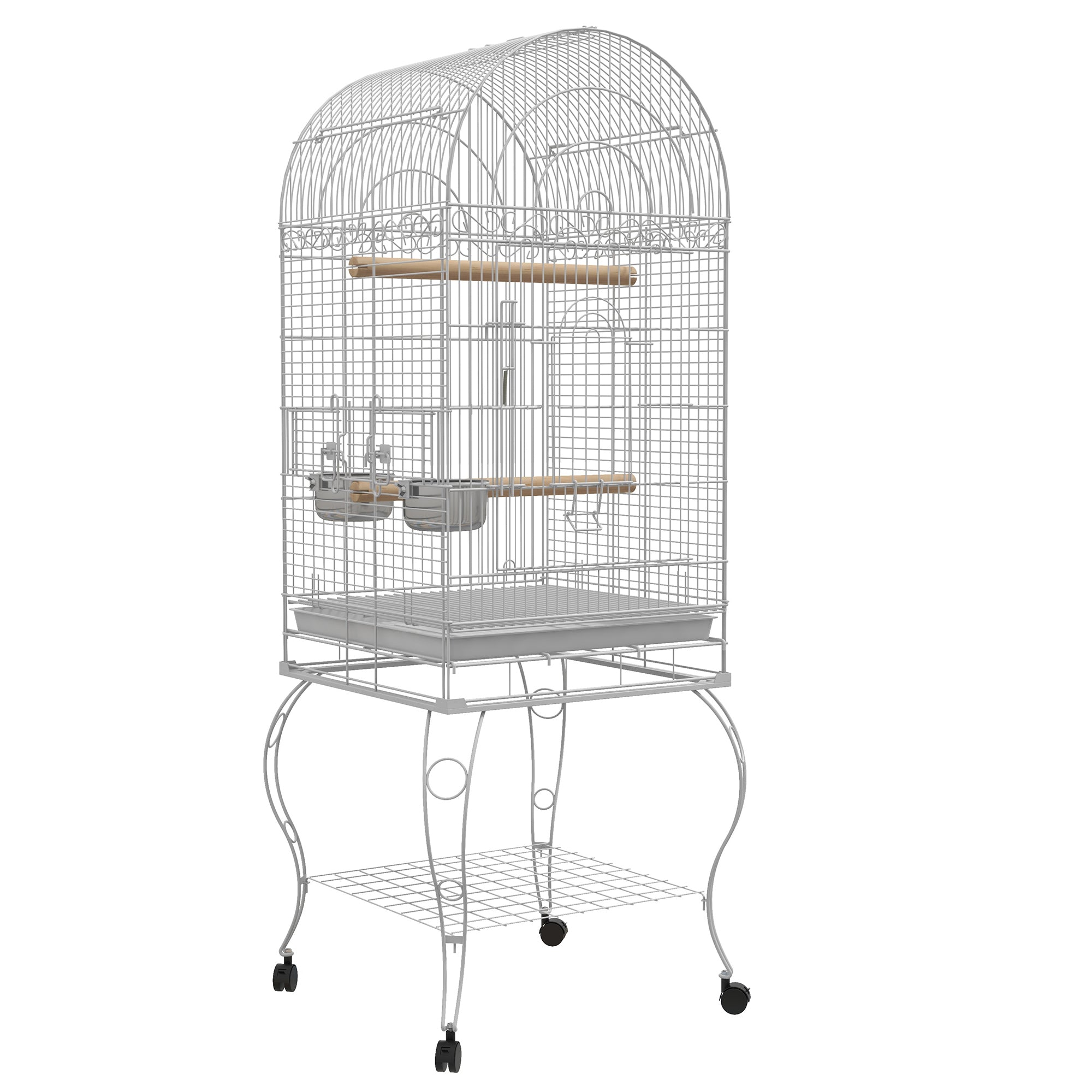 Bird Cage with Wheels Outdoor Bird Aviary Cage with Removable Tray Grid 2 Stainless Steel Bowls Shelf and Perch for Parakeets 51x51x153 cm White