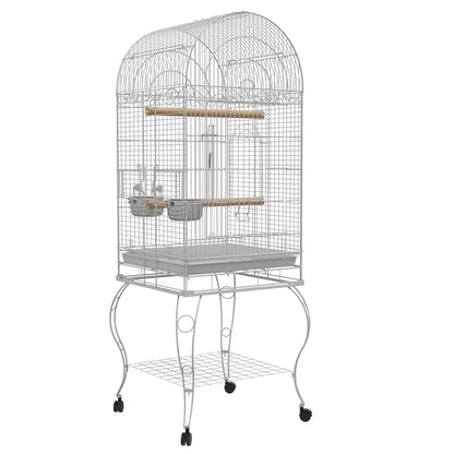 Bird Cage with Wheels Outdoor Bird Aviary Cage with Removable Tray Grid 2 Stainless Steel Bowls Shelf and Perch for Parakeets 51x51x153 cm White