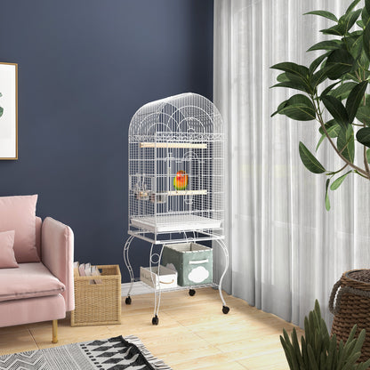 Bird Cage with Wheels Outdoor Bird Aviary Cage with Removable Tray Grid 2 Stainless Steel Bowls Shelf and Perch for Parakeets 51x51x153 cm White