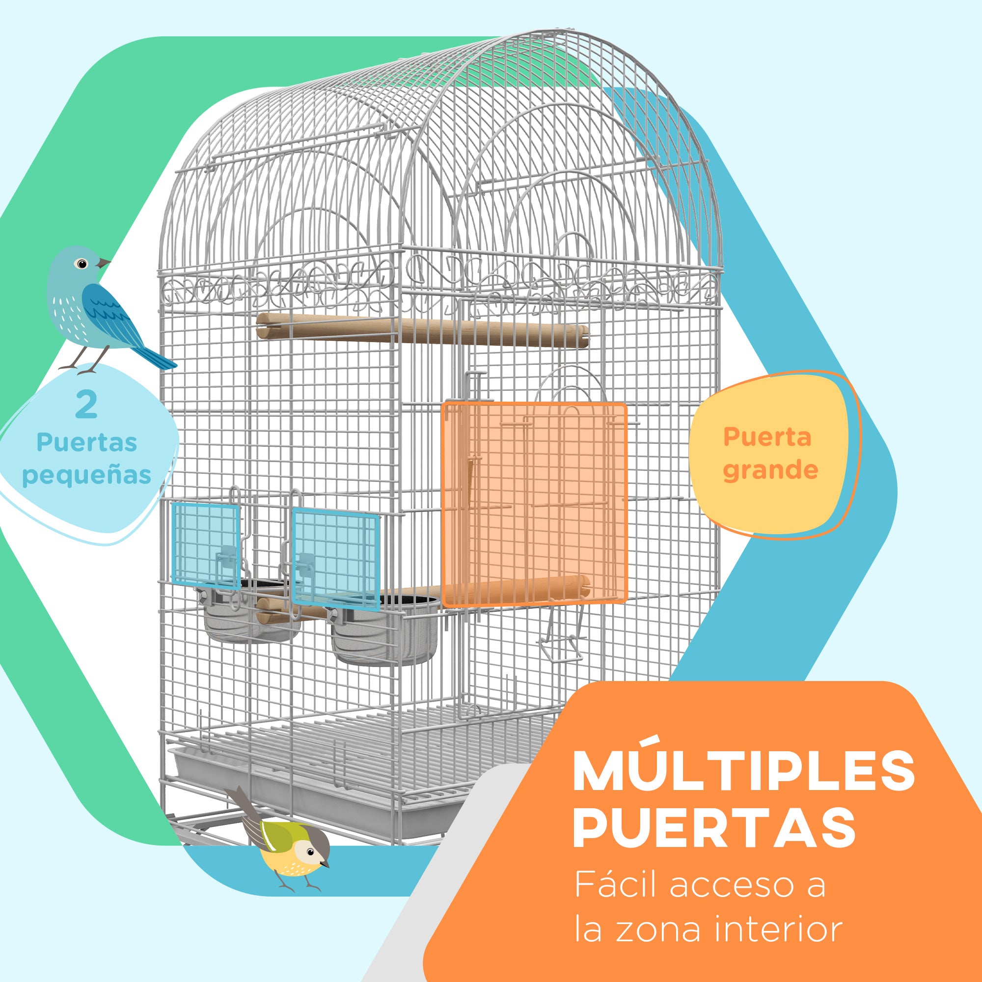 Bird Cage with Wheels Outdoor Bird Aviary Cage with Removable Tray Grid 2 Stainless Steel Bowls Shelf and Perch for Parakeets 51x51x153 cm White