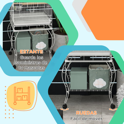 Bird Cage with Wheels Outdoor Bird Aviary Cage with Removable Tray Grid 2 Stainless Steel Bowls Shelf and Perch for Parakeets 51x51x153 cm White