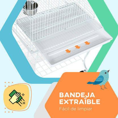 Bird Cage with Wheels Outdoor Bird Aviary Cage with Removable Tray Grid 2 Stainless Steel Bowls Shelf and Perch for Parakeets 51x51x153 cm White