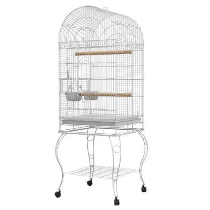 Bird Cage with Wheels Outdoor Bird Aviary Cage with Removable Tray Grid 2 Stainless Steel Bowls Shelf and Perch for Parakeets 51x51x153 cm White