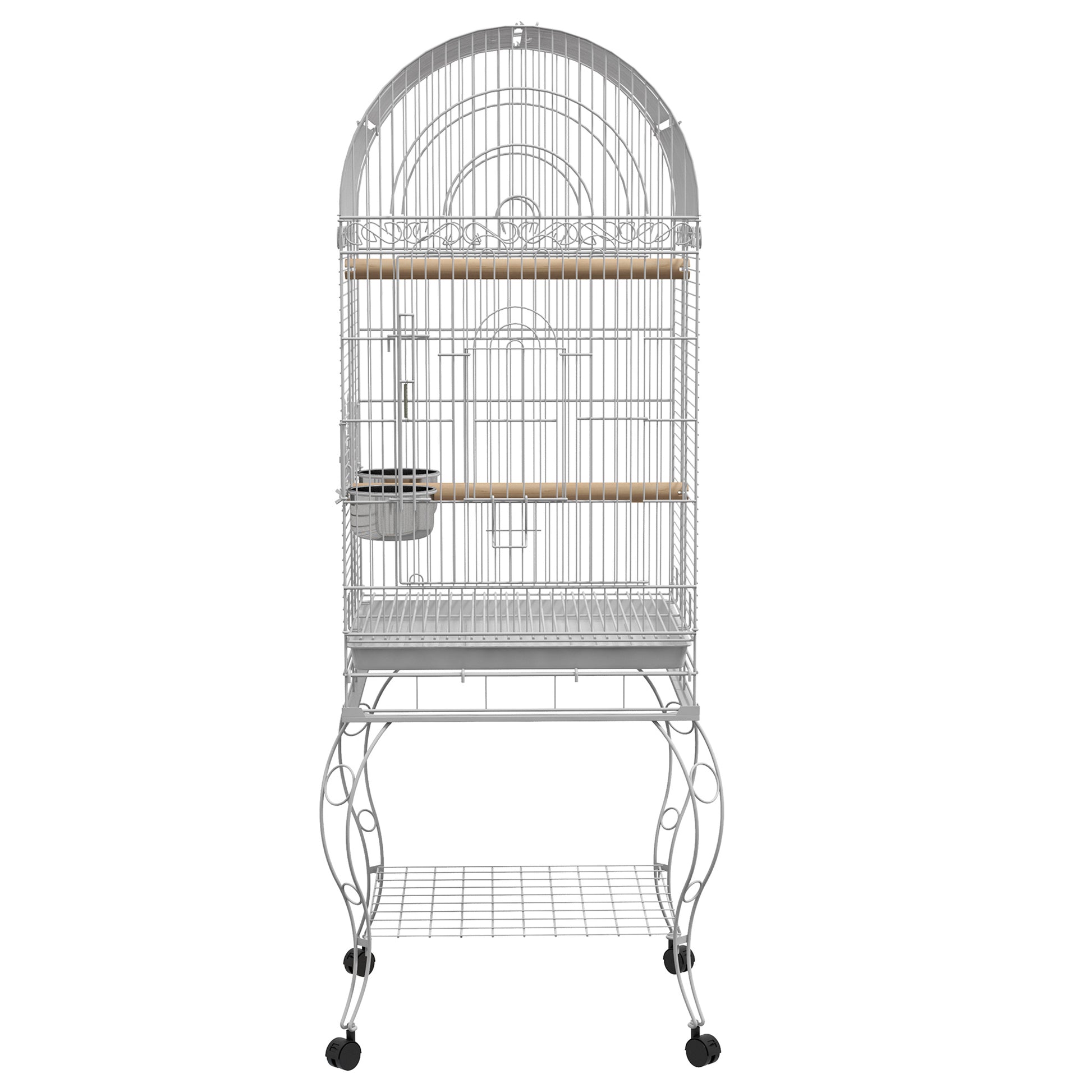 Bird Cage with Wheels Outdoor Bird Aviary Cage with Removable Tray Grid 2 Stainless Steel Bowls Shelf and Perch for Parakeets 51x51x153 cm White