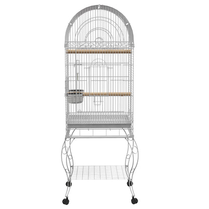 Bird Cage with Wheels Outdoor Bird Aviary Cage with Removable Tray Grid 2 Stainless Steel Bowls Shelf and Perch for Parakeets 51x51x153 cm White