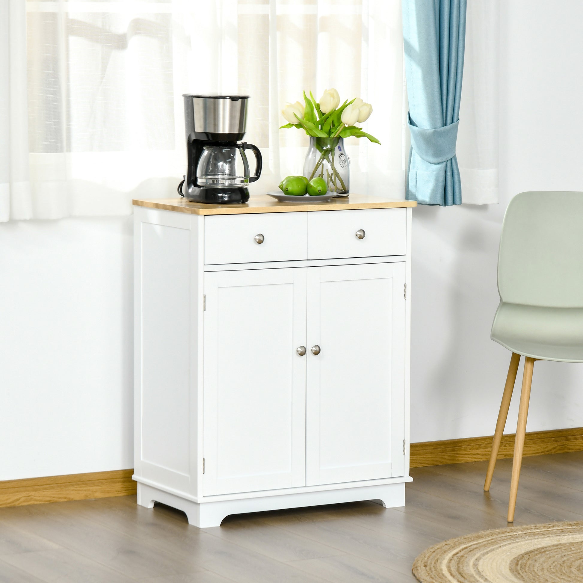 Storage Buffet Cabinet with Double Door Cupboard, 2 Drawers, and Adjustable Shelf for Living Room, Kitchen, Bedroom, White and Natural Wood