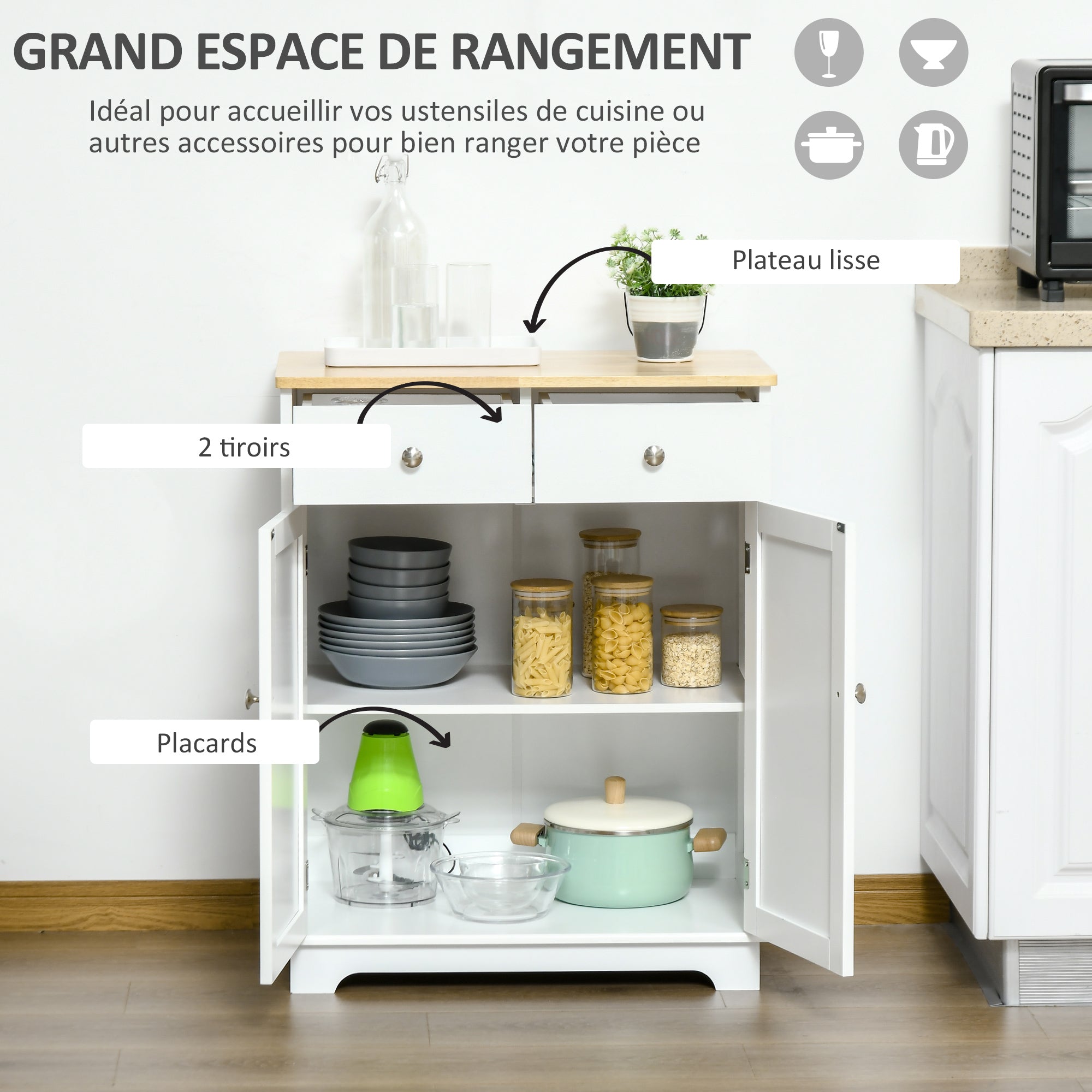 Storage Buffet Cabinet with Double Door Cupboard, 2 Drawers, and Adjustable Shelf for Living Room, Kitchen, Bedroom, White and Natural Wood