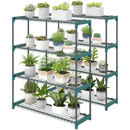 Set of 2 4-Tier Plant Stands, 40.9 in Tall — Steel Indoor/Outdoor Shelves, Multi-Level Pot Rack for Garden & Balcony, Dark Green