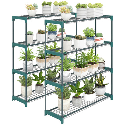 Set of 2 4-Tier Plant Stands, 40.9 in Tall — Steel Indoor/Outdoor Shelves, Multi-Level Pot Rack for Garden & Balcony, Dark Green