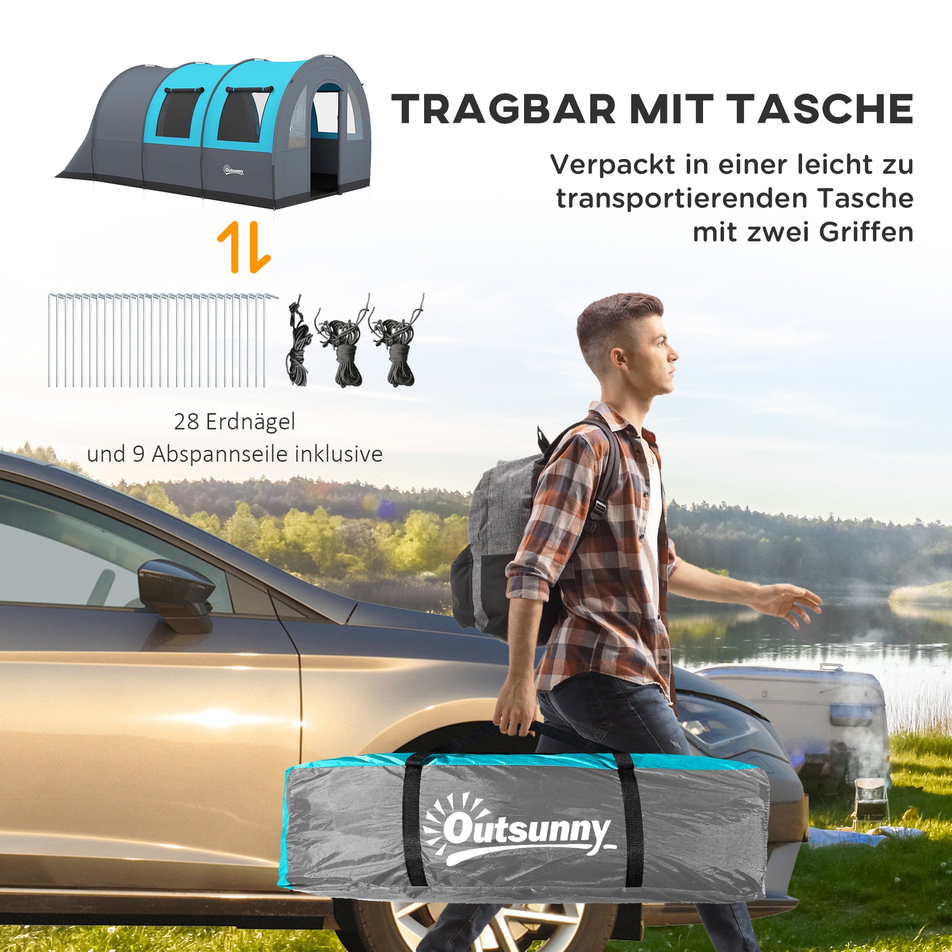 Tunnel Tent, Camping Tent for 6 People, with 2 Rooms, Light Hook, Group Tent with Carry Bag, 3000mm Waterproof Family Tent, for Garden, Campsite, Gray