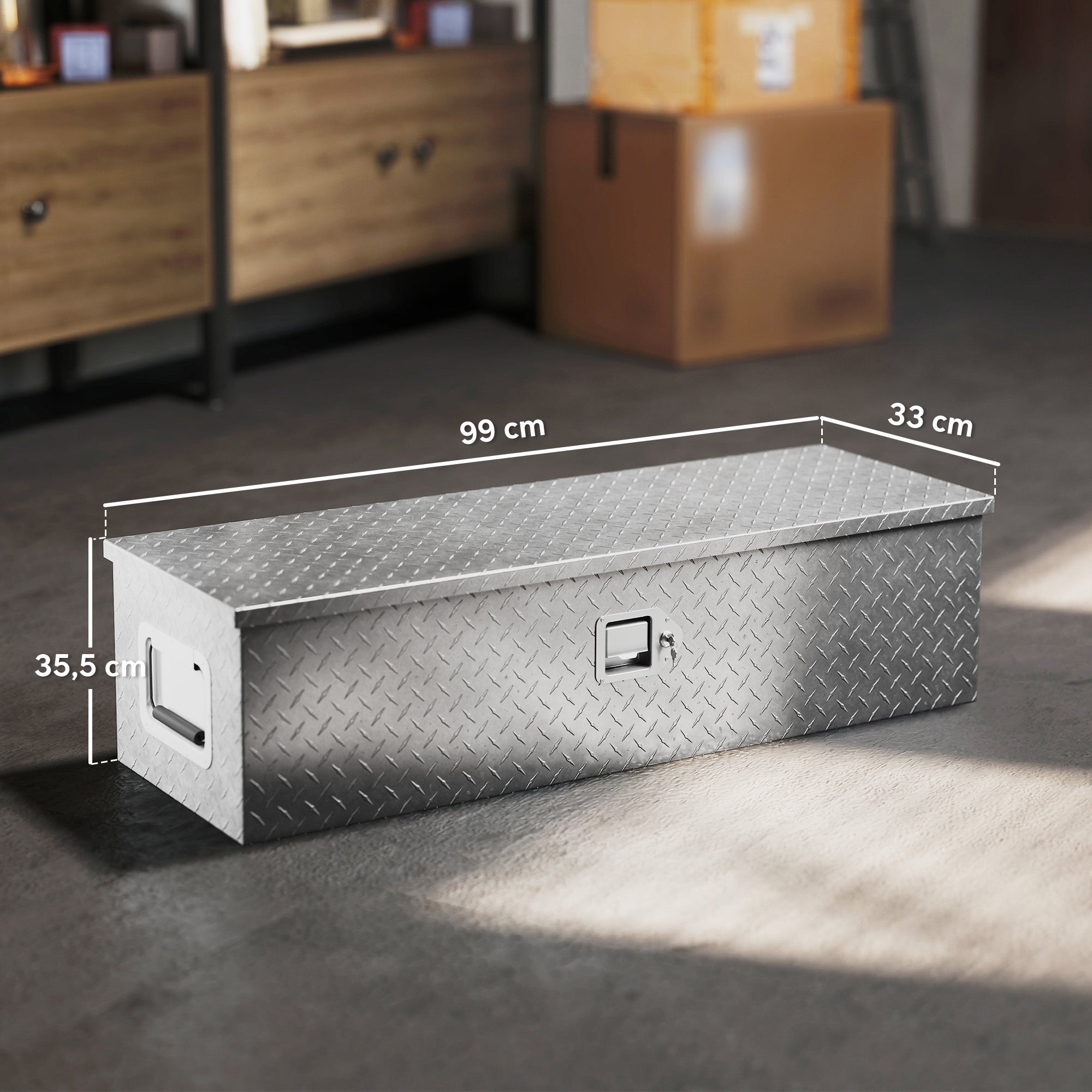 Aluminum Toolbox Storage Box with Side Handles, Lock and Keys, Truck Tool Box, Storage Box for Trailers, 99 x 33 x 25.5 cm
