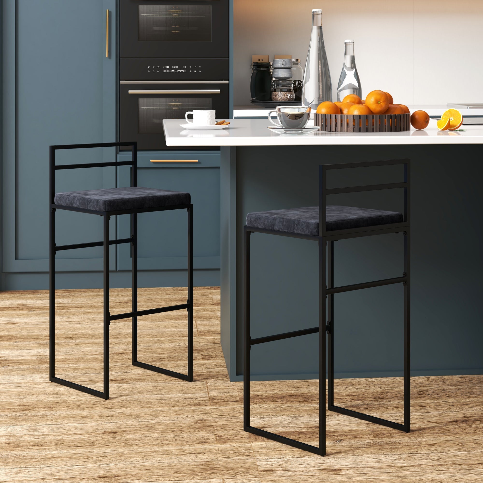 Set of 2 high chairs, bar stools, 74 cm height, steel structure, velvet seat cushion, footrest, bar chairs, elegant modern style, black