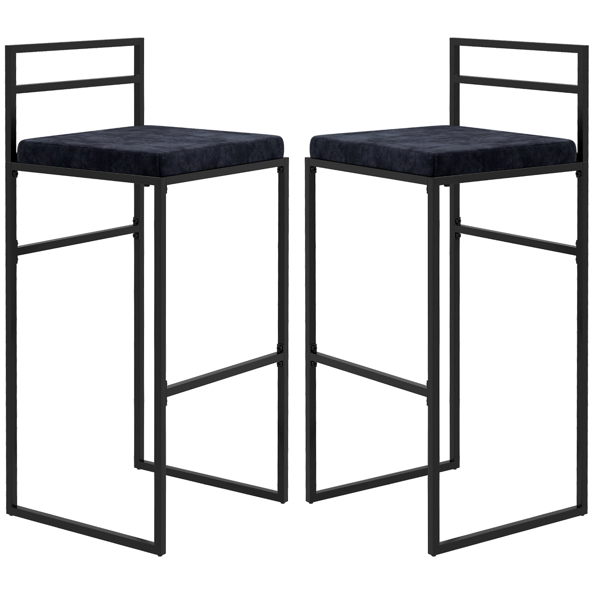 Set of 2 high chairs, bar stools, 74 cm height, steel structure, velvet seat cushion, footrest, bar chairs, elegant modern style, black